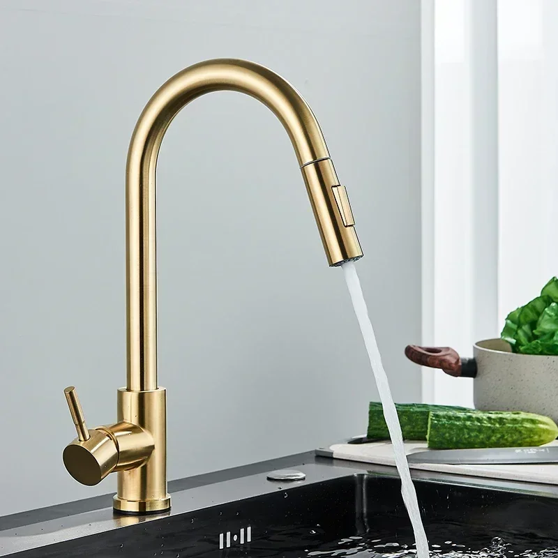 Brushed Gold Kitchen Faucet Pull Out Kitchen Sink Water Tap Single Handle Mixer Tap 360 Rotation Kitchen Shower Faucet