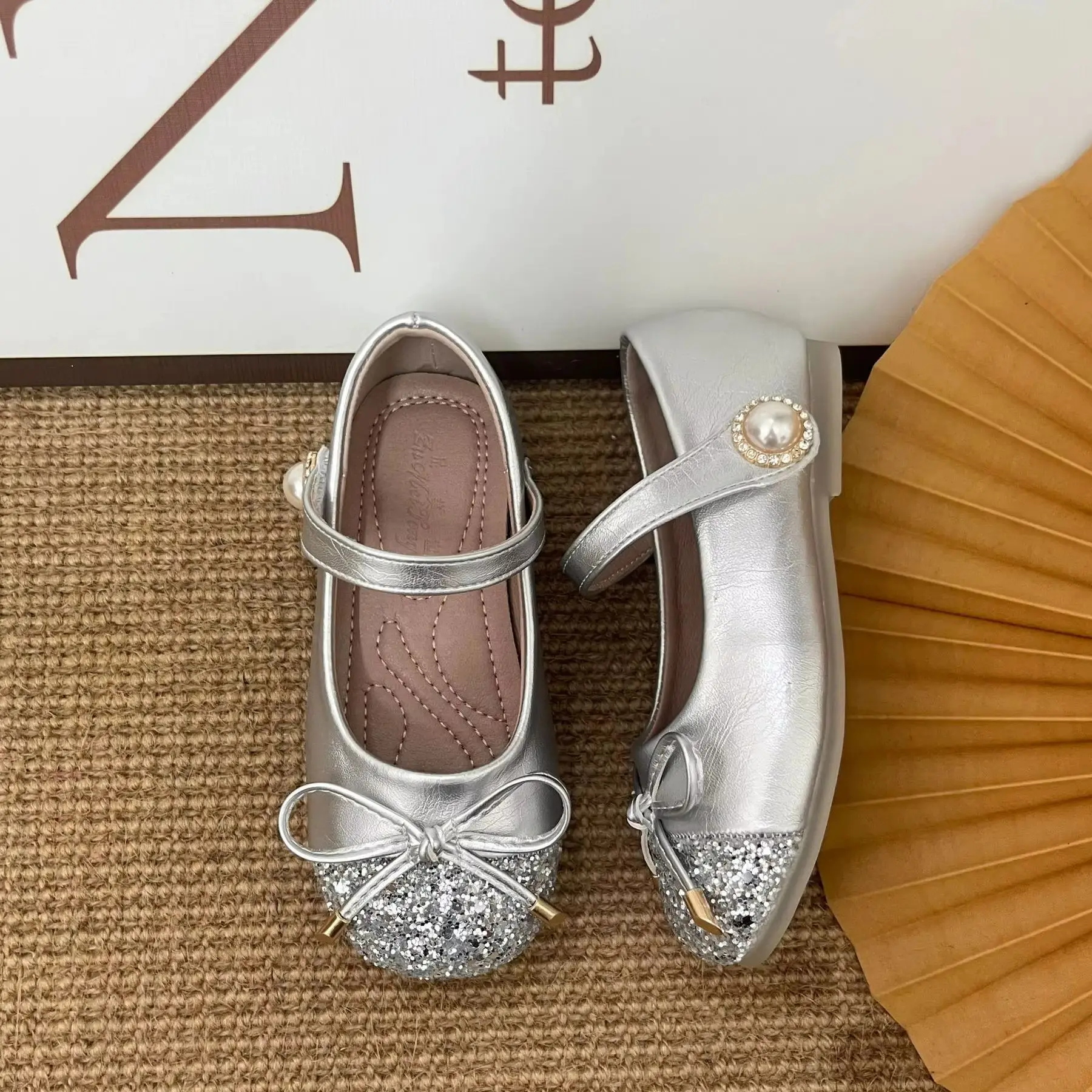 

Kids'Casual Shoes PU Leather Spring Fashion Sequin Bow Outdoor Flat Shoes For Girls Breathable Anti-slip Silver Size 23-35