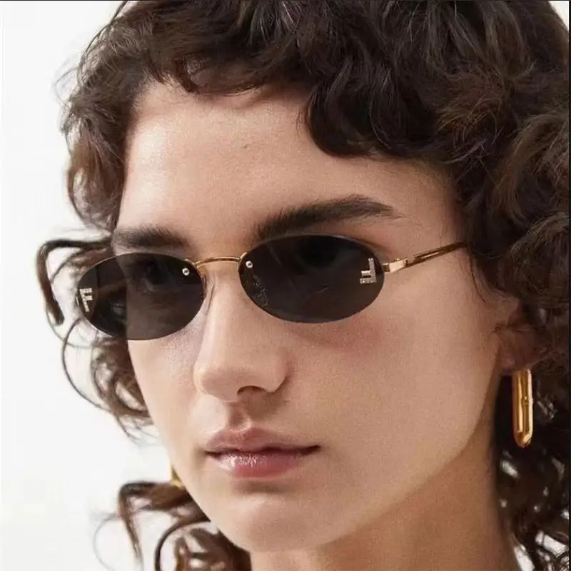 

Star Model with Diamond Letter F Frameless Oval Elegant Sunglasses Internet Celebrities with The Same Street Sunglasses