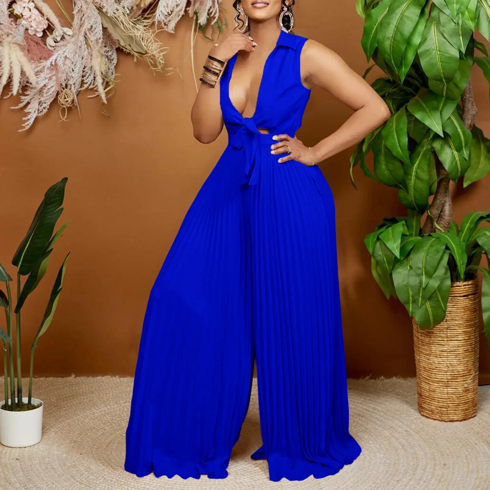 

Lapel Loose Pleated Wide Leg Jumpsuit Women Sexy Party Club Romper Ruffles Sleeveless Solid Summer Casual Comfortable Jumpsuit