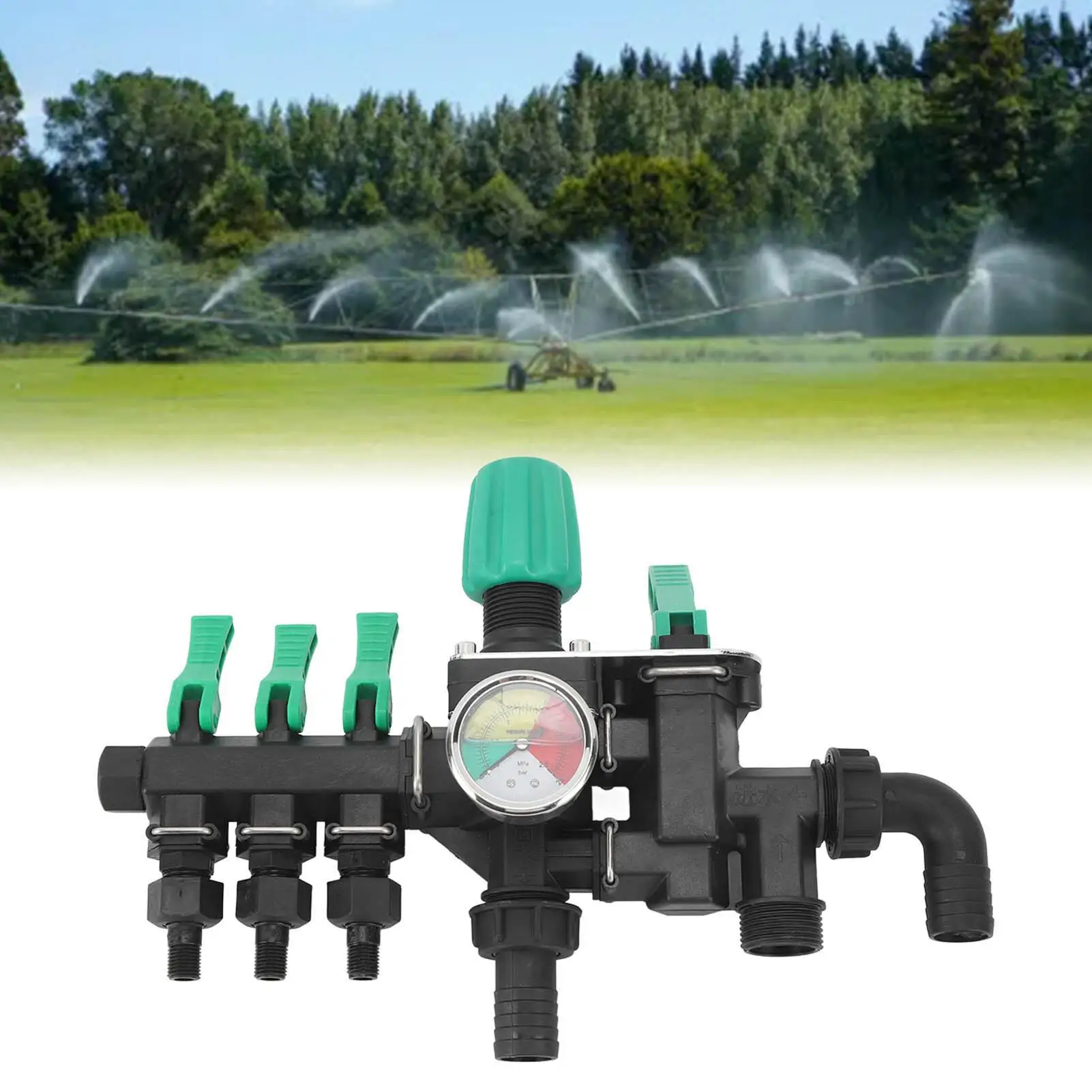 3-Way Garden Hose Splitter with Shut Off & Pressure Gauge for Agriculture, Pesticide Spraying & Aquaculture Use