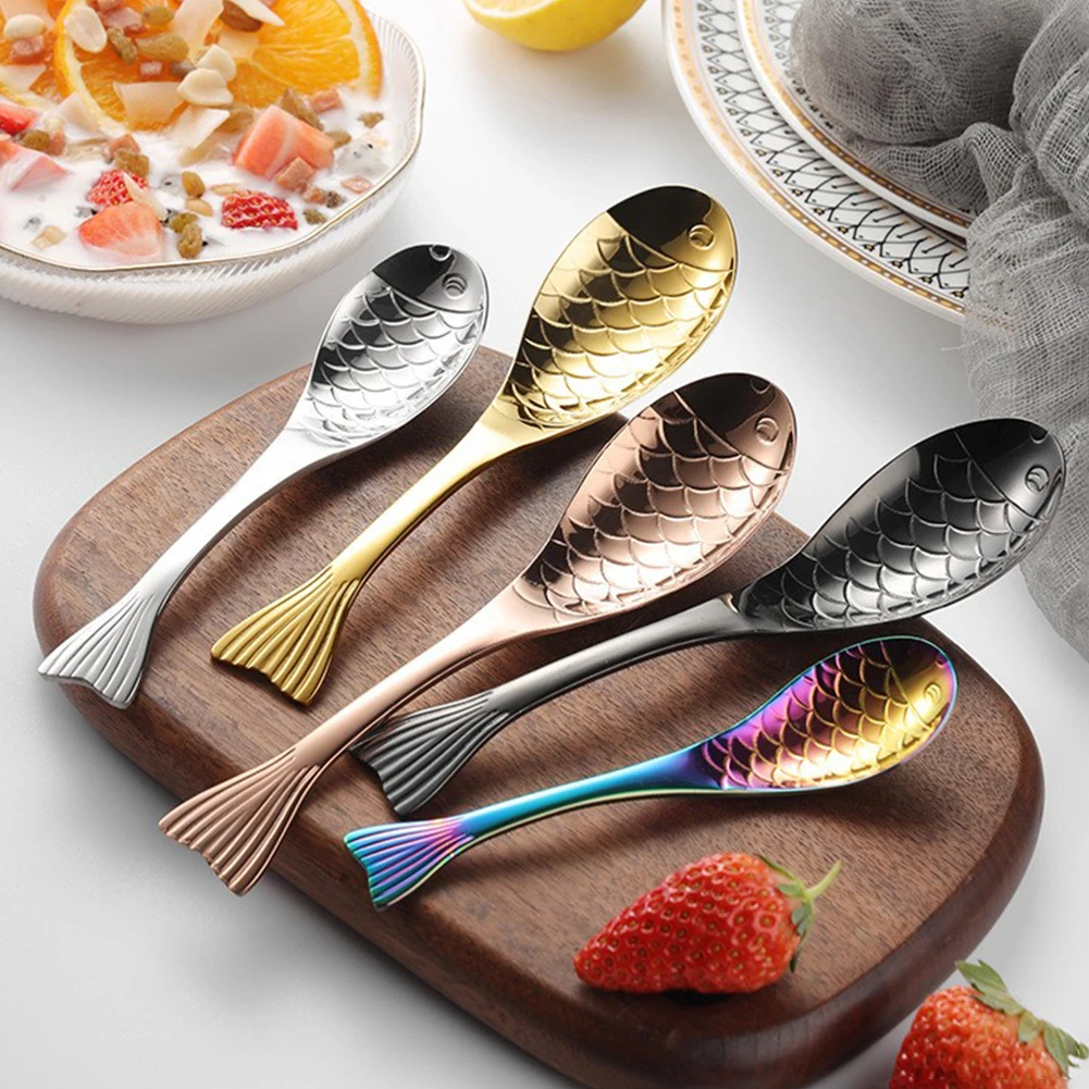 Fish-Shaped Stainless Steel Soup Spoon,Ice Cream Dessert Spoon,Large Capacity Deep Spoon Head Serving Soup Ladle Kitchen Tool