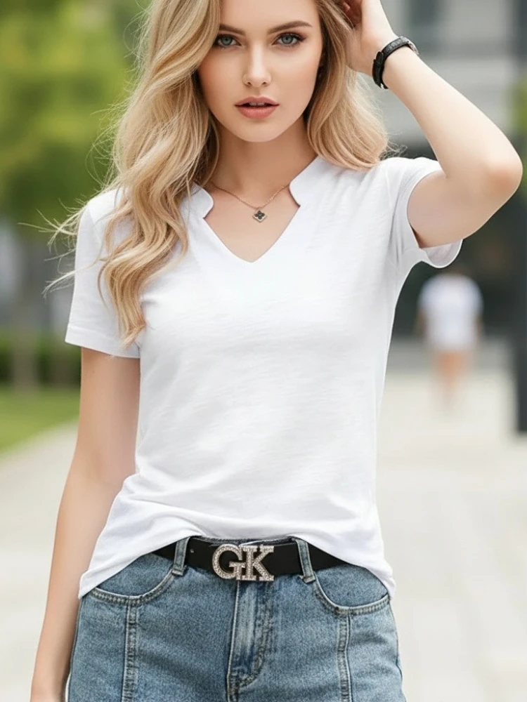 AOSSVIAO 2026 Summer Bamboo Cotton T-Shirt Cotton V-Neck Soft Women Tshirts Female Basic Fashion Classic S-3XL Ladies Tops