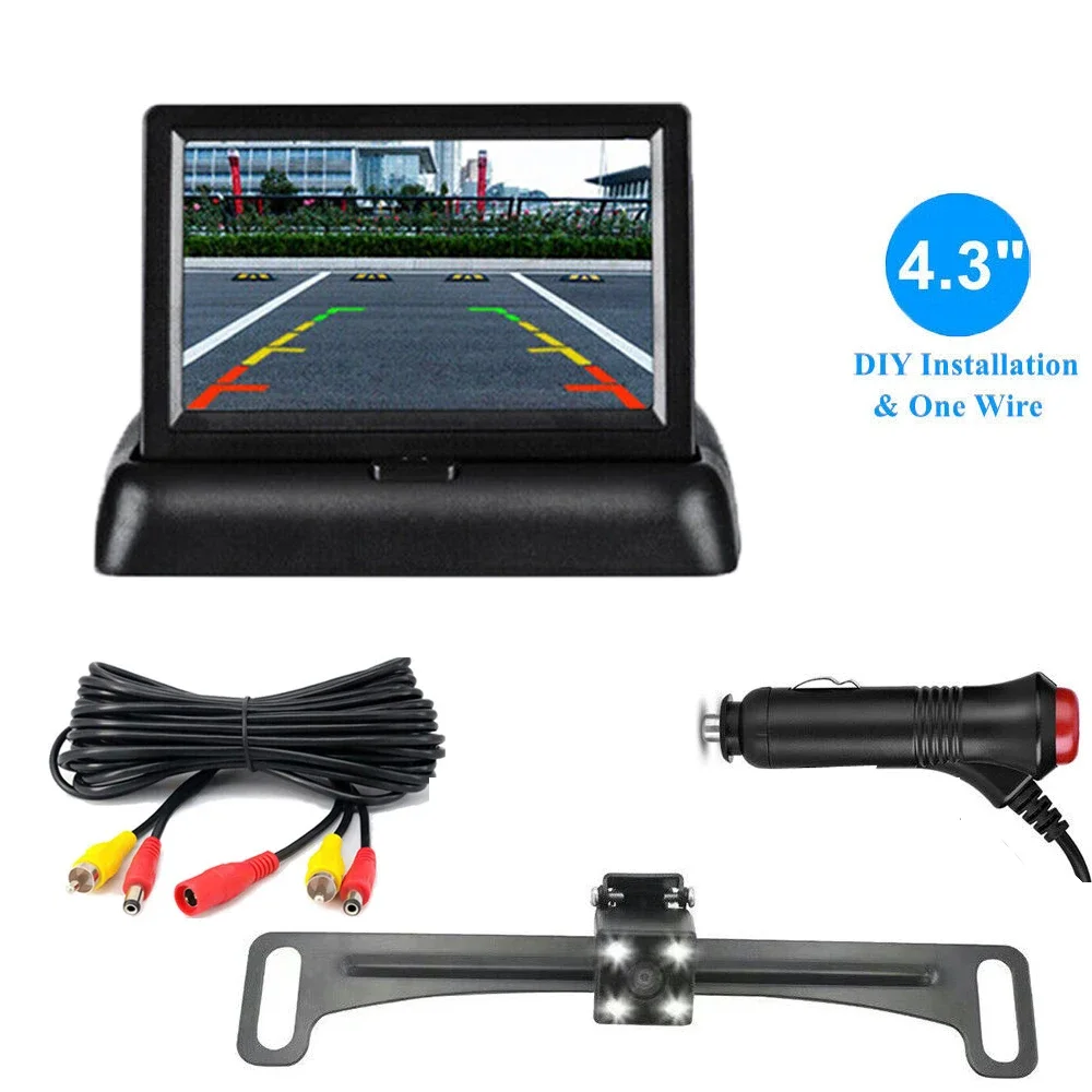 QueenDer Car Backup Monitor Camera Kit 4.3 inch Foldable Screen Vehicle Rear View Reverse Parking System Night Vision Camera