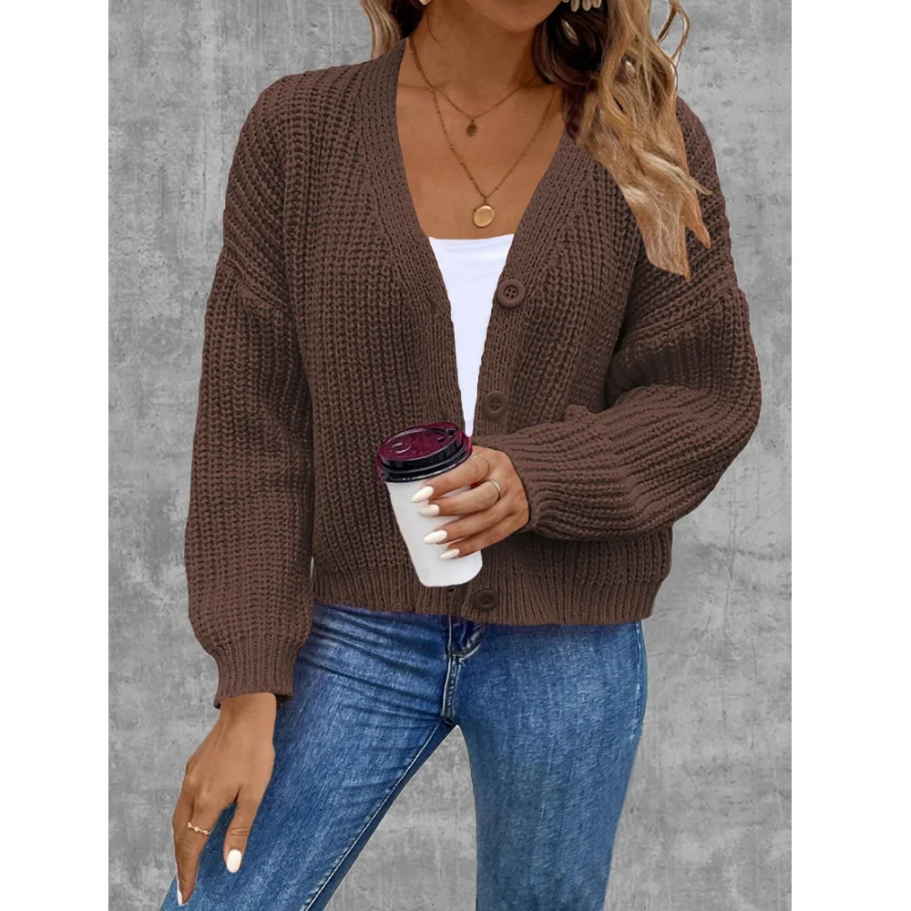 Damskie swetry rozpinane na jesień i zimę, dzianinowe płaszcze, jednorzędowe, z długim rękawem, dekolt w serek, kardigany, kurtki.