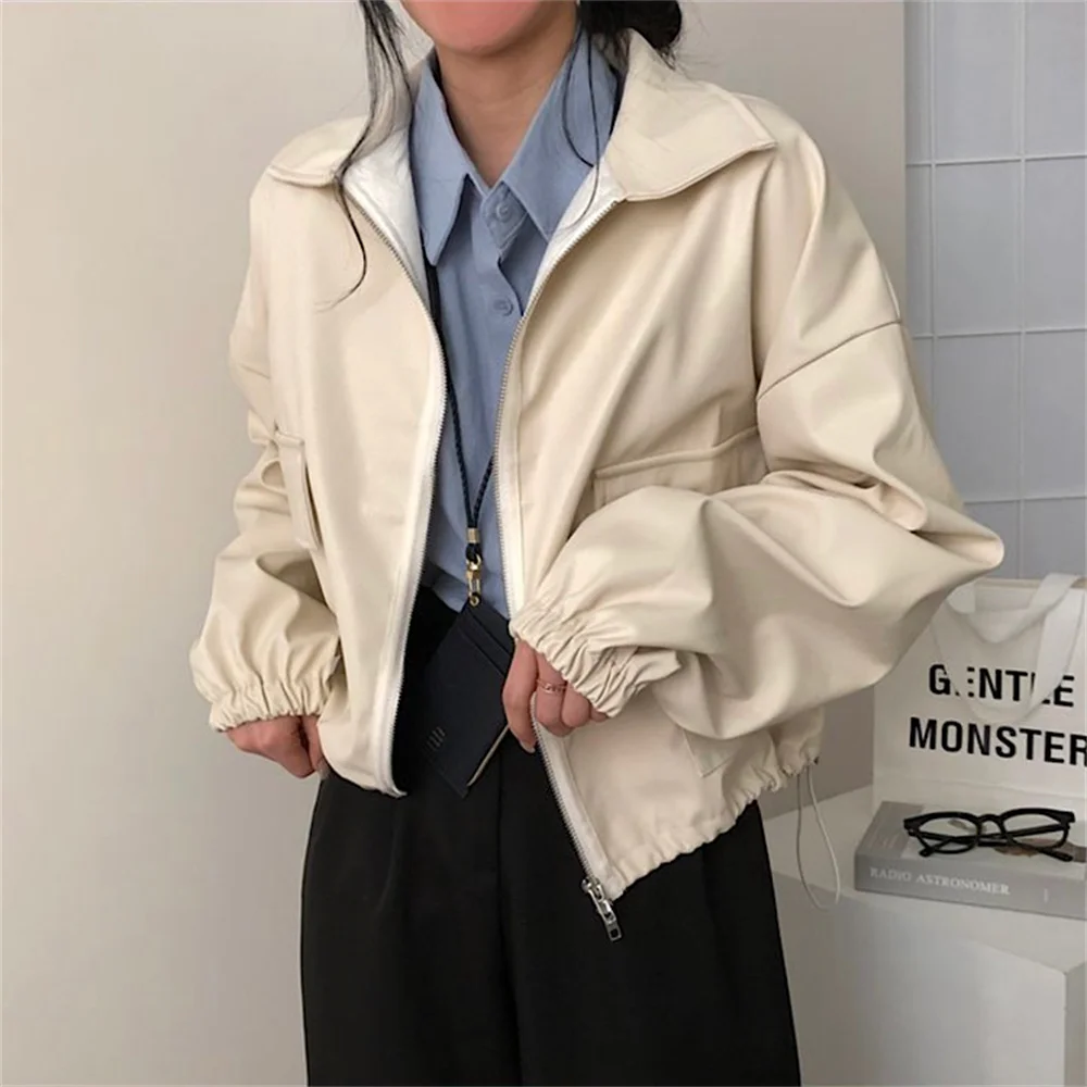 PLAMTEE Stylish Classic PU Jackets Women Pockets Zipper New Solid Loose 2022 Autumn Minimalist Chic Office Lady Mujer Coats