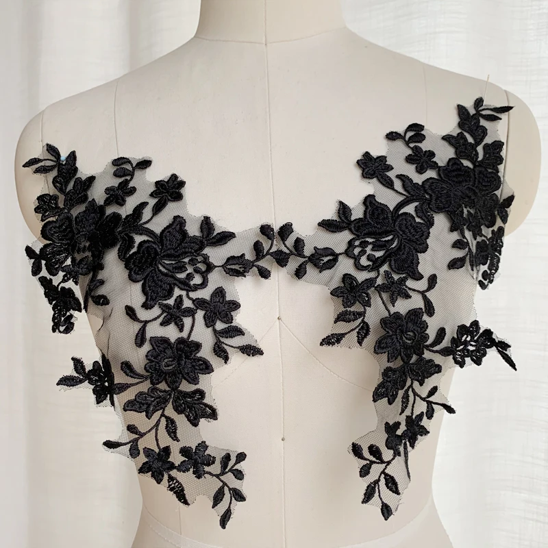 Schwarzer Rayon-Spitzenstoff, Spiegelblumen-Hochzeitsschleier, Kinderbekleidung, Applikations-Nähzubehör, RS4175, 10 Stück, 5 Paare – Detail 2