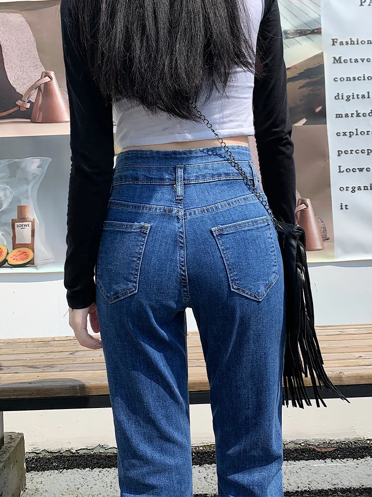 Cintura alta perna reta jeans feminino primavera outono cintura alta emagrecimento plus size gordura mm nove pontos combinar todos e tu...