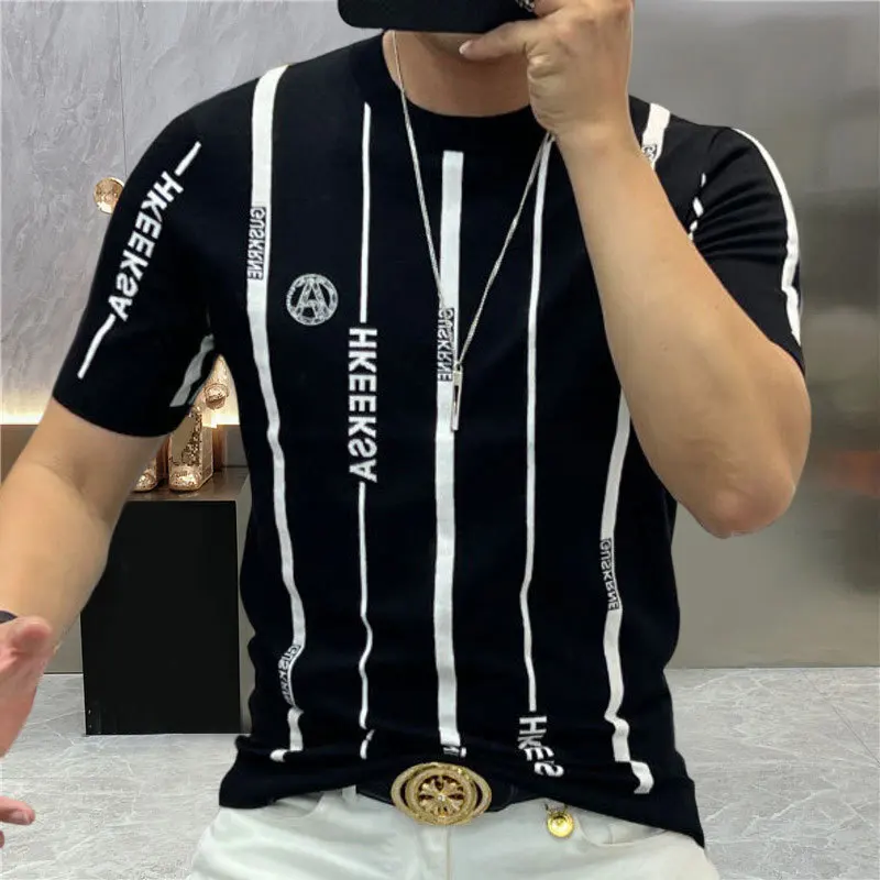 2023 Knitting Stripe Round Neck Tee Shirt Summer Top Streetwear Social Club Outfits Slim T Shirt Men Homme Camiseta Masculina