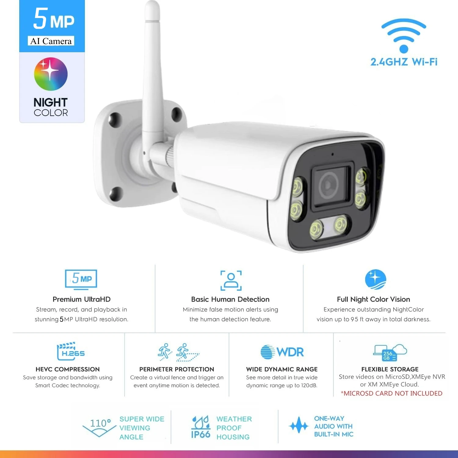 XM AI 5MP UltraHD Outdoor WiFi Security Camera Color Night Visior Built-in Two-Way Audio Human Detection H.265+Support MicroSD