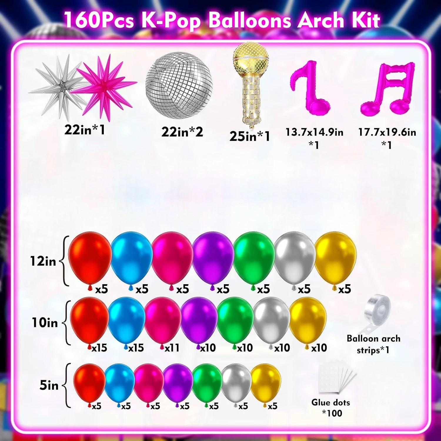 160pcs Shiny Chrome Balloon Garland Arch Kit Star Microphone Disco Musical Foil Balloons,Kpop for Birthday 80s 90s Galaxy Decor