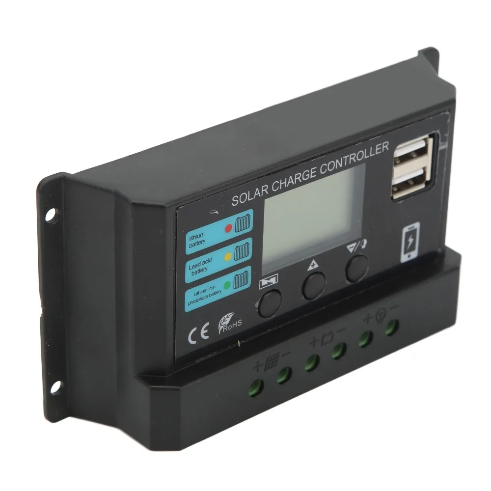 

12V/24V Solar Controller 10A/20A/30A 5V 1A USB Output Solar Panel Controller LCD Display Black 12V 24V Solar Controller Home Use
