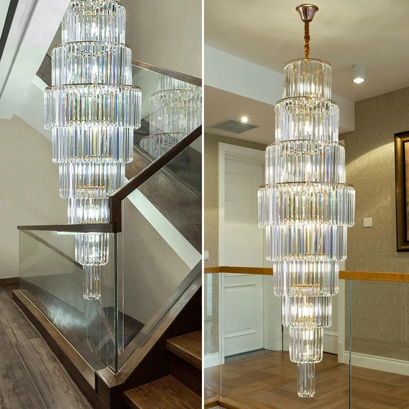 

Modern Luxury Crystal Led Chandelier Home Indoor Villa Pendant Light Staircase Loft Hotel Hall Lobby Decor Spiral Hanging Lamp