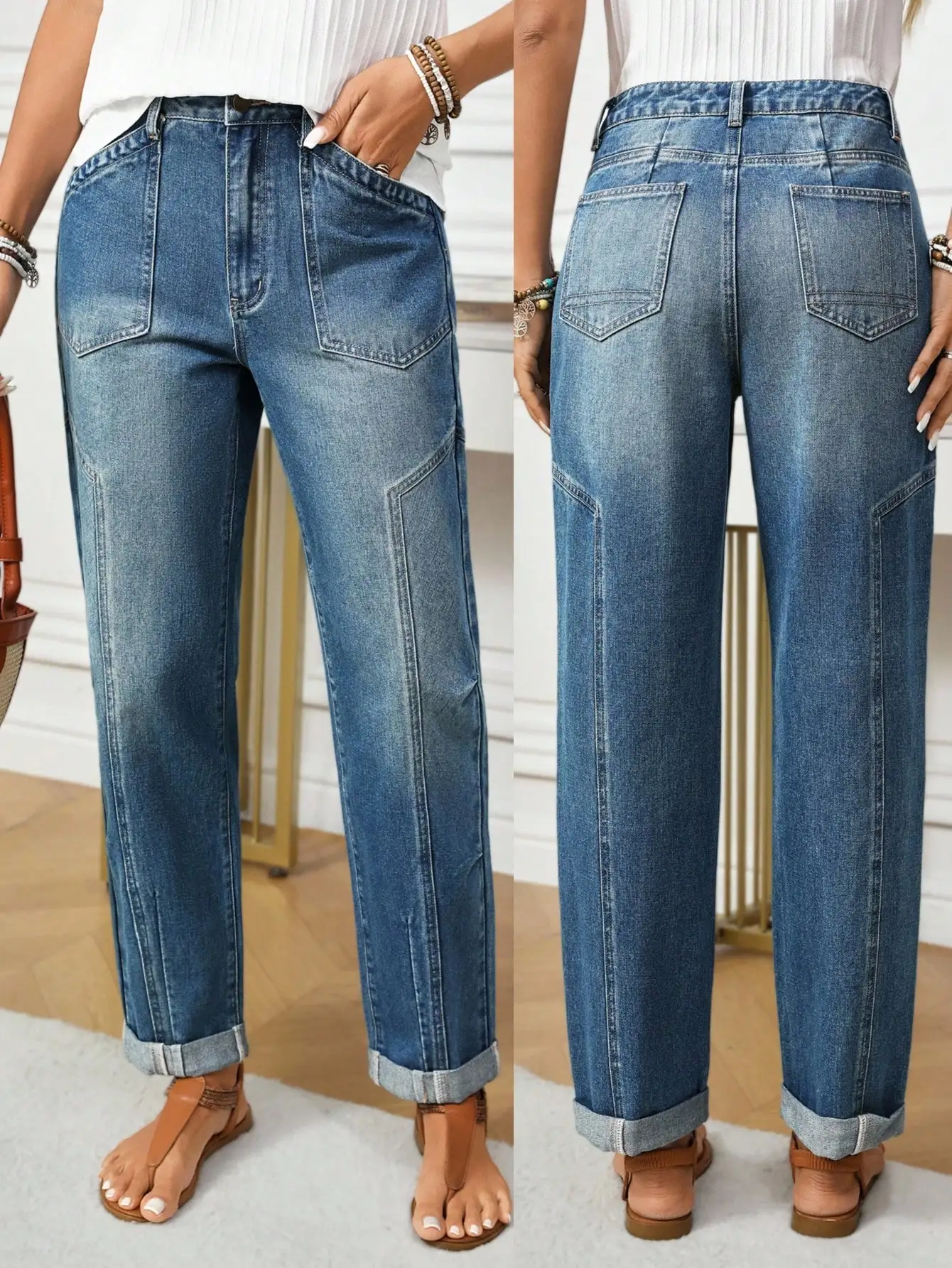 

Женские джинсы с высокой талией, свободного кроя, с отворотами, на эластичной резинке, повседневные, прямого силуэта