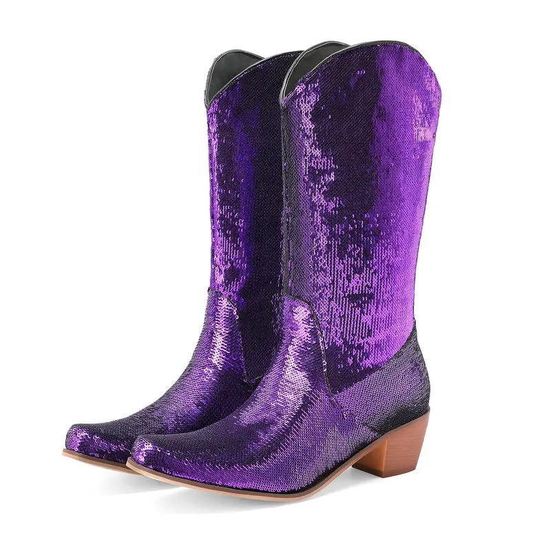 Curved Toe Bling Bling Sequins Shiny Purple Green Pink Women Mid-calf Western Boots Chunky Heels Cowboy Winter Shoes Botines