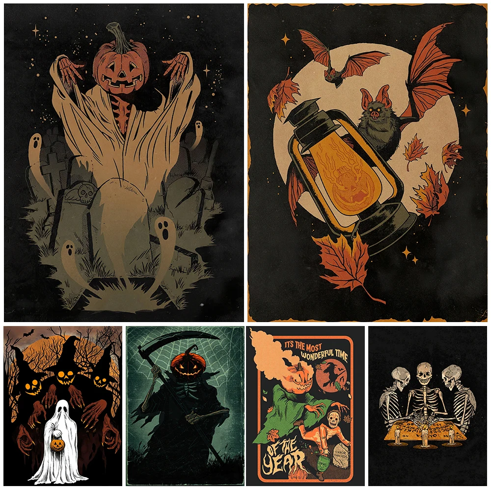 Headless Knight And Pumpkin Death Vintage Wall Art Canvas Painting Three Skeletons Art Poster And Print Home Decoration Unframed