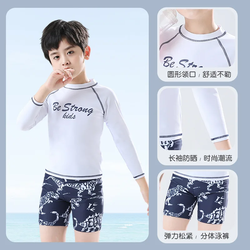 Children's Long Sleeve Split Swimsuit, Boy's Swimwear, Korean Quick-Drying Swimming Suit, Summer Swimming Trunks, White