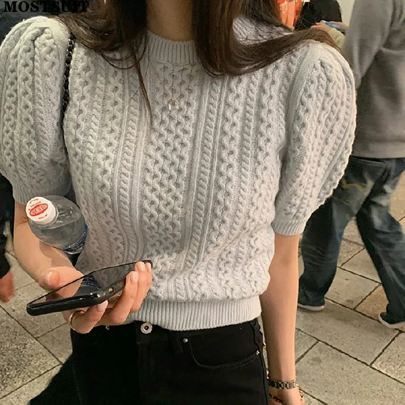 Korean Style Sweater For Women Twisted Knit Pullover Tops Puff Sleeve O-neck Elegant Fashion Solid Ladies Knitwear Jumpers 2024