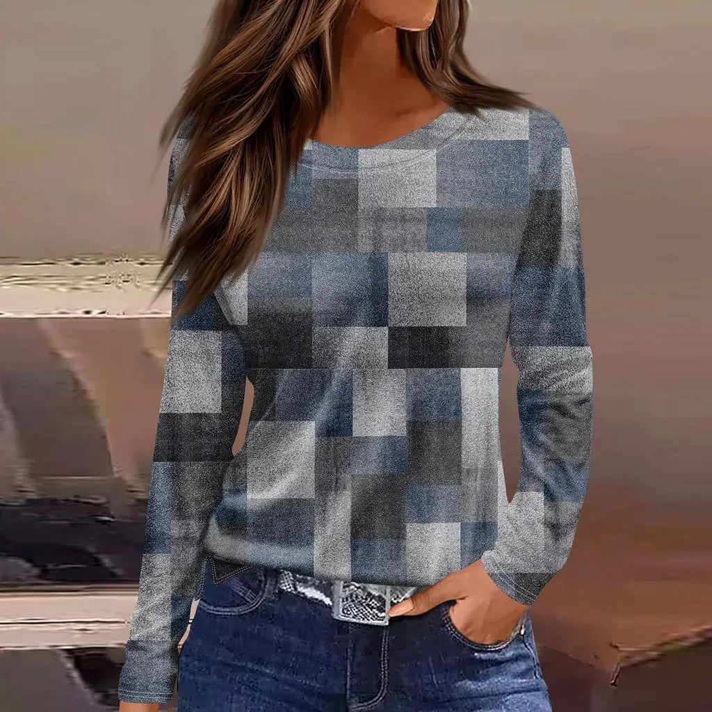 

Women's T-shirt 3D Geometric Plaid Print Fashion Long Sleeve Round Neck Regular Tops Holiday Weekend Spring and Autumn