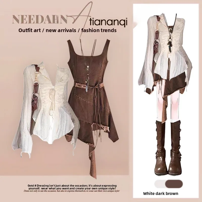 

Ele Korean Design Women's Two-Piece Set Irregular Strap Dr Long Sve Autumn Winter Faion plus Size Casual Wear