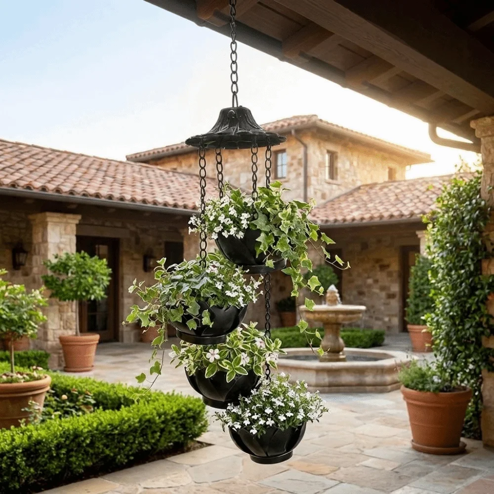 Iron Lotus Shaped Hanging Planter Chinese Style Long-Lasting Gutter Rain Diverter Pendant Decorative Weather-Resistant