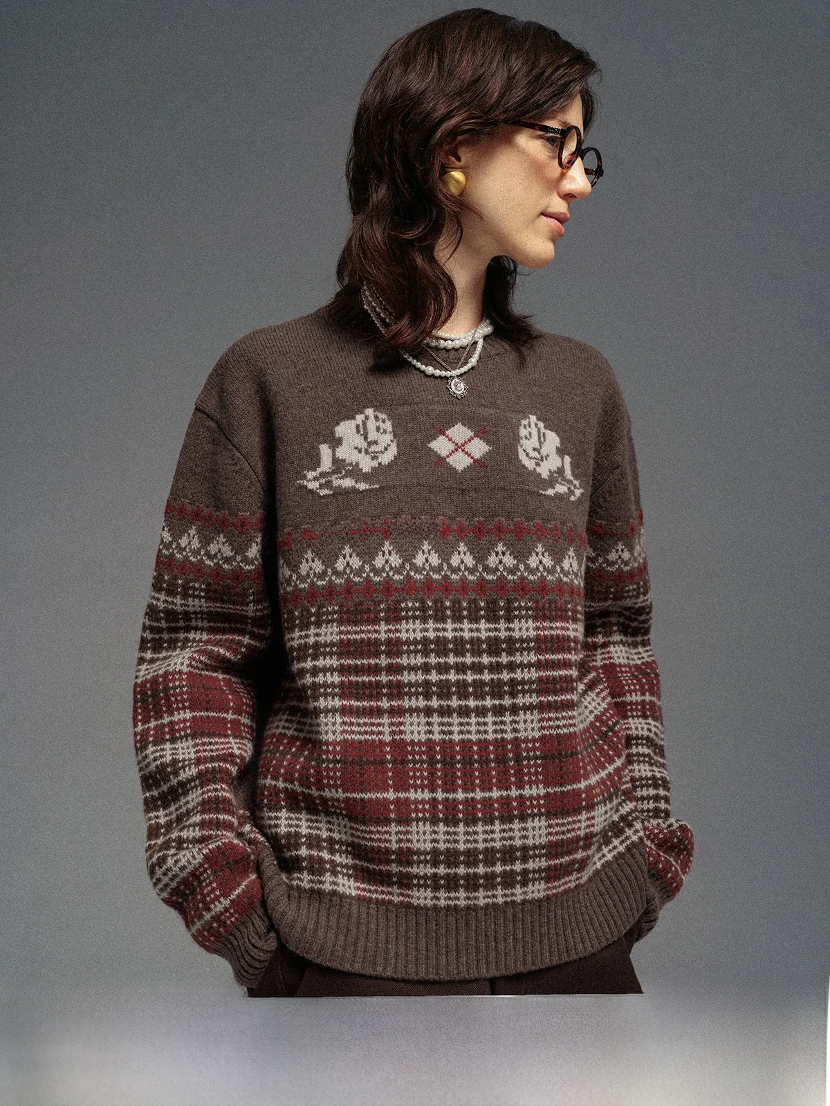 

Винтажный вязаный шерстяной свитер в клетку с круглым вырезом, теплый и уютный женский пуловер с цветочным узором, фиолетово-мятный, с эффектом памяти формы