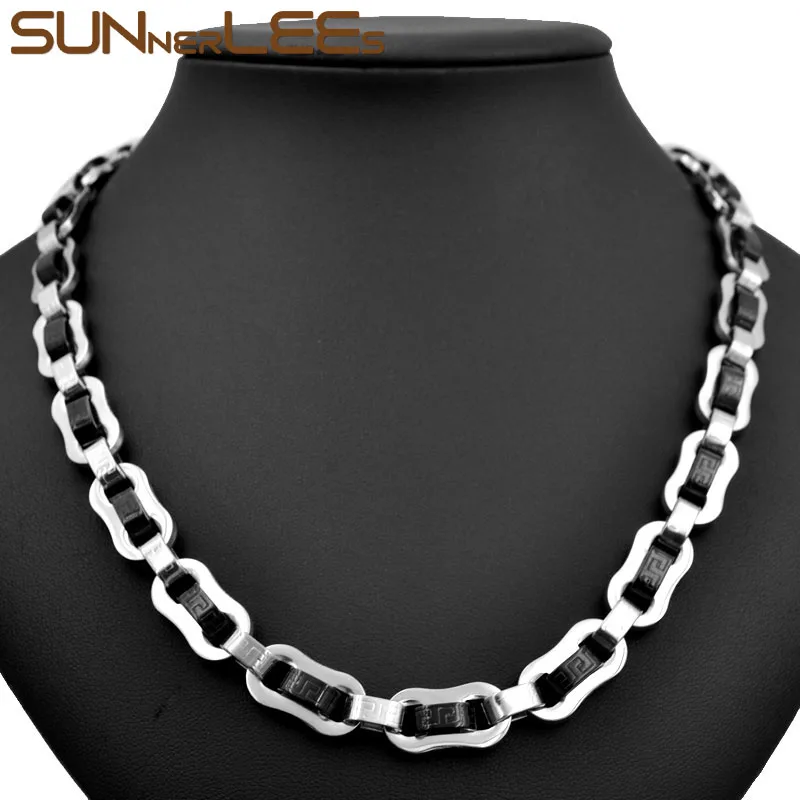 SUNNERLEES 316L Stainless Steel Necklace Bracelet Set 10mm Geometric Byzantine Link Chain Black Silver Color Men Women SC210 S