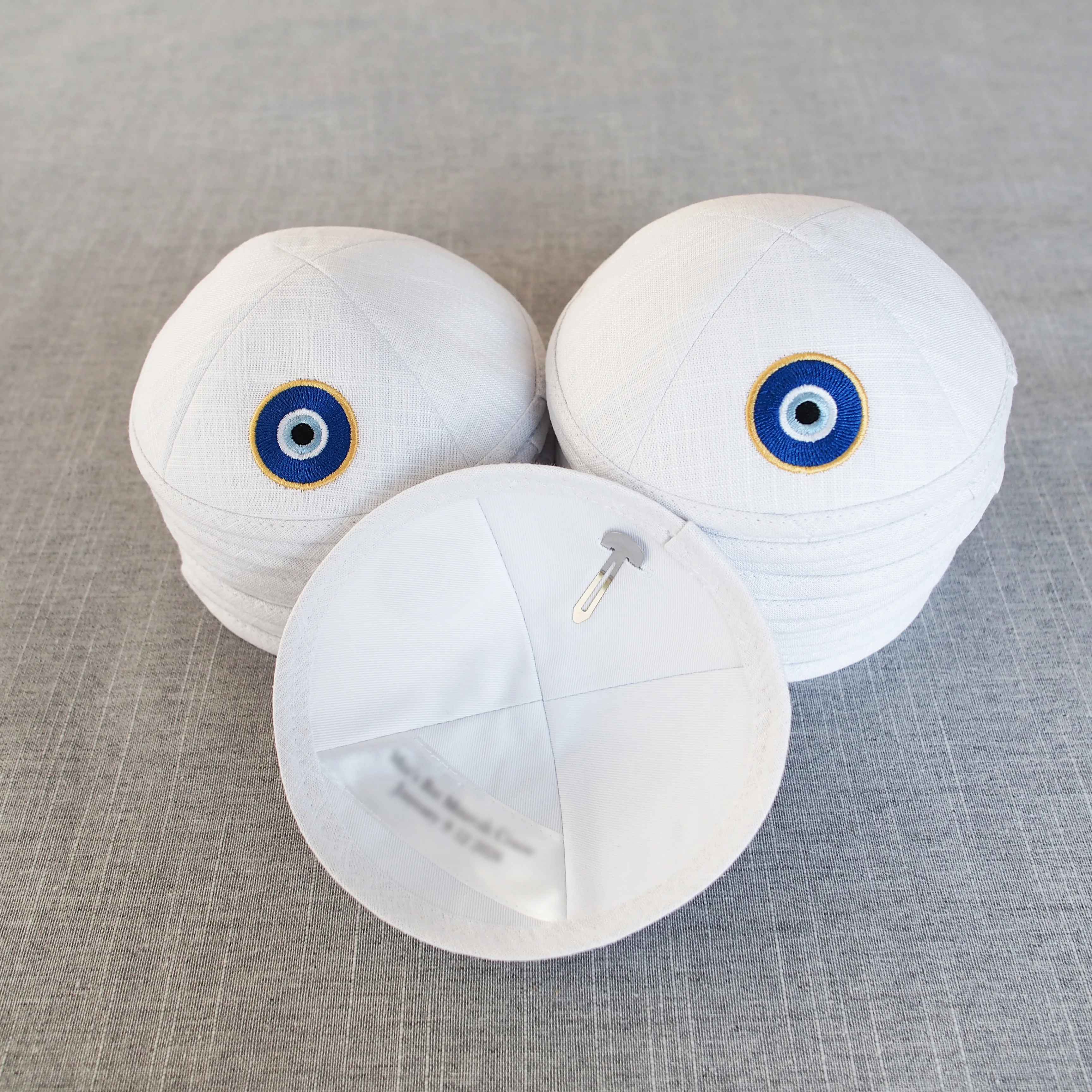 Custom Eye of Knowledge embroidered linen kippa. Classic yarmulke. Fashionable, eco-friendly, breathable kippot.