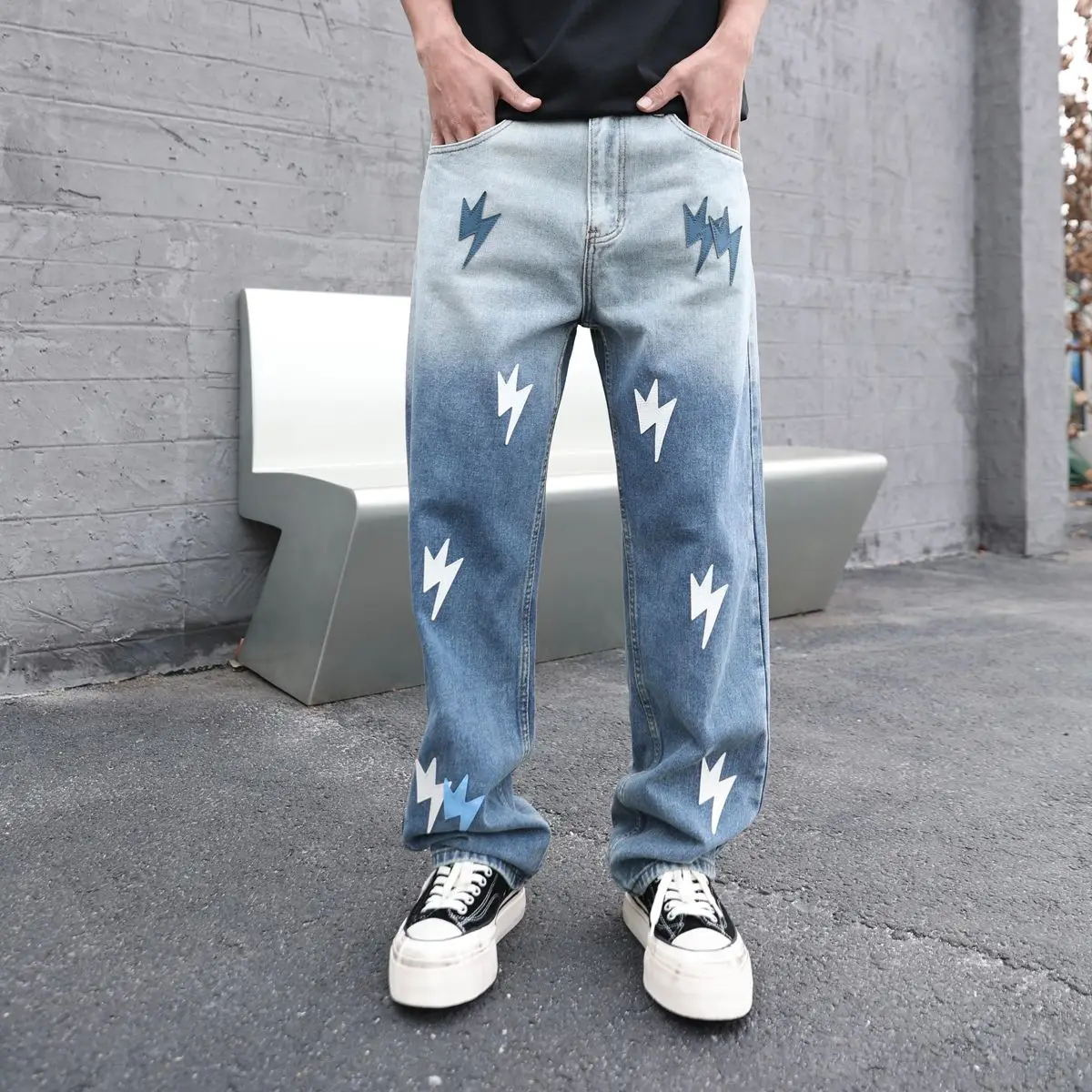 

Gradient Color Blue Jeans Men Personality Leather Patchworks Denim Trousers Male's Y2K Pants