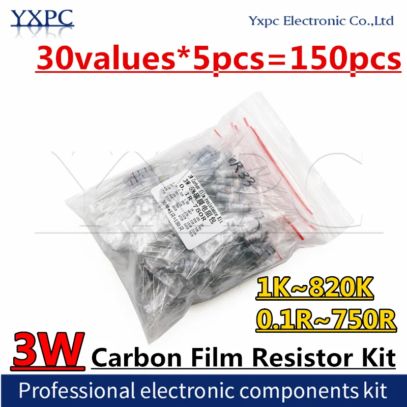 30values*5pcs=150pcs 3W 5% Carbon Film Resistor Kit  1K -820K 0.1R~750R ohm 10R 100R 10K 100K commonly resistance resistors pack