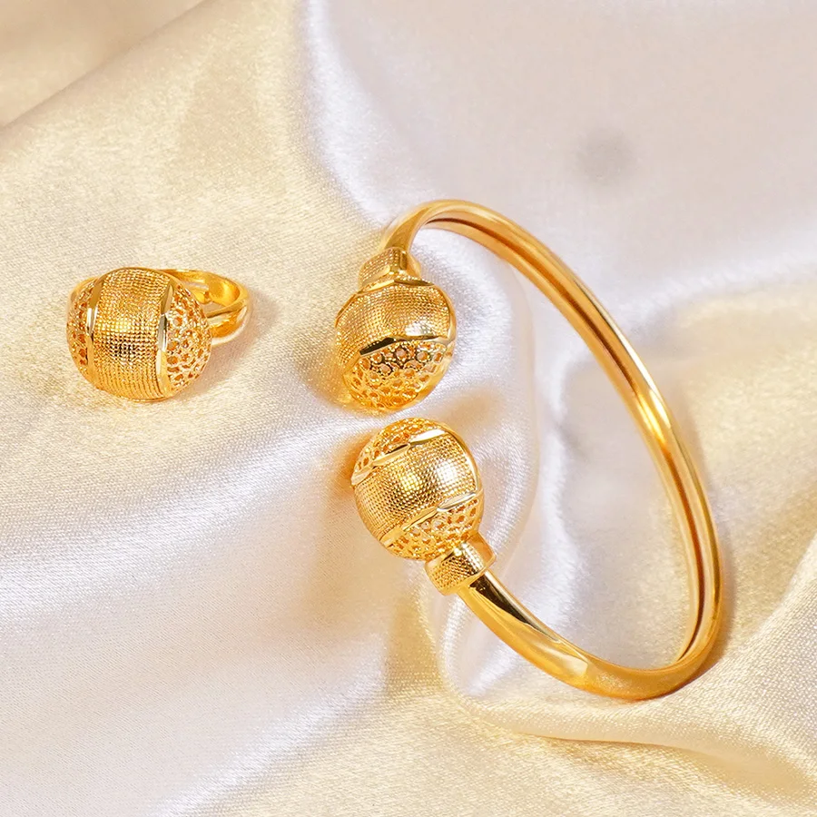 Luxury Hollow Ball Bangle Ring Set Gold Plated Adjustable Open Bracelet Women Wedding Banquet Jewelry Gift
