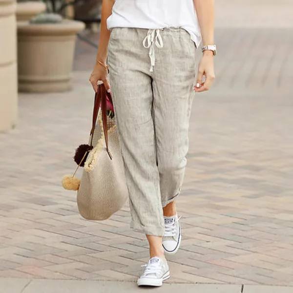 Pant women 2026 casual Spring Autumn New solid color loose casual drawstring elastic Waist cotton linen long pants clothing
