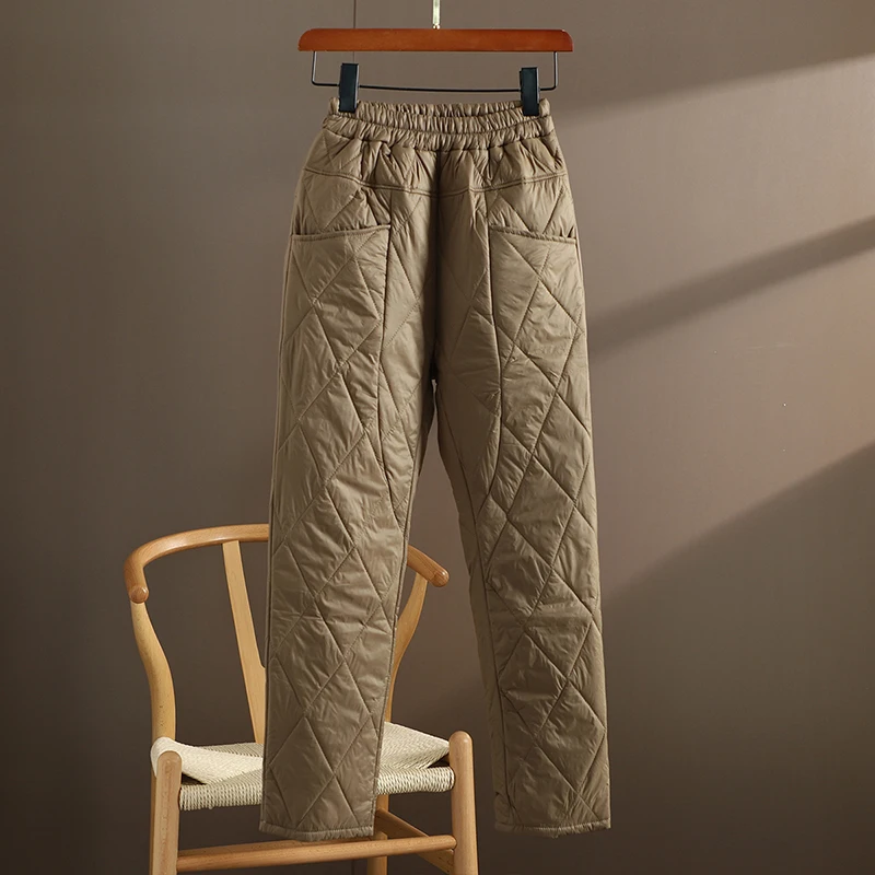 軽量ダウンコットンパンツ女性のためのファイオナブルダイヤモンド柄ハーランカフスズボン暖かいハイウエストロングパンツ