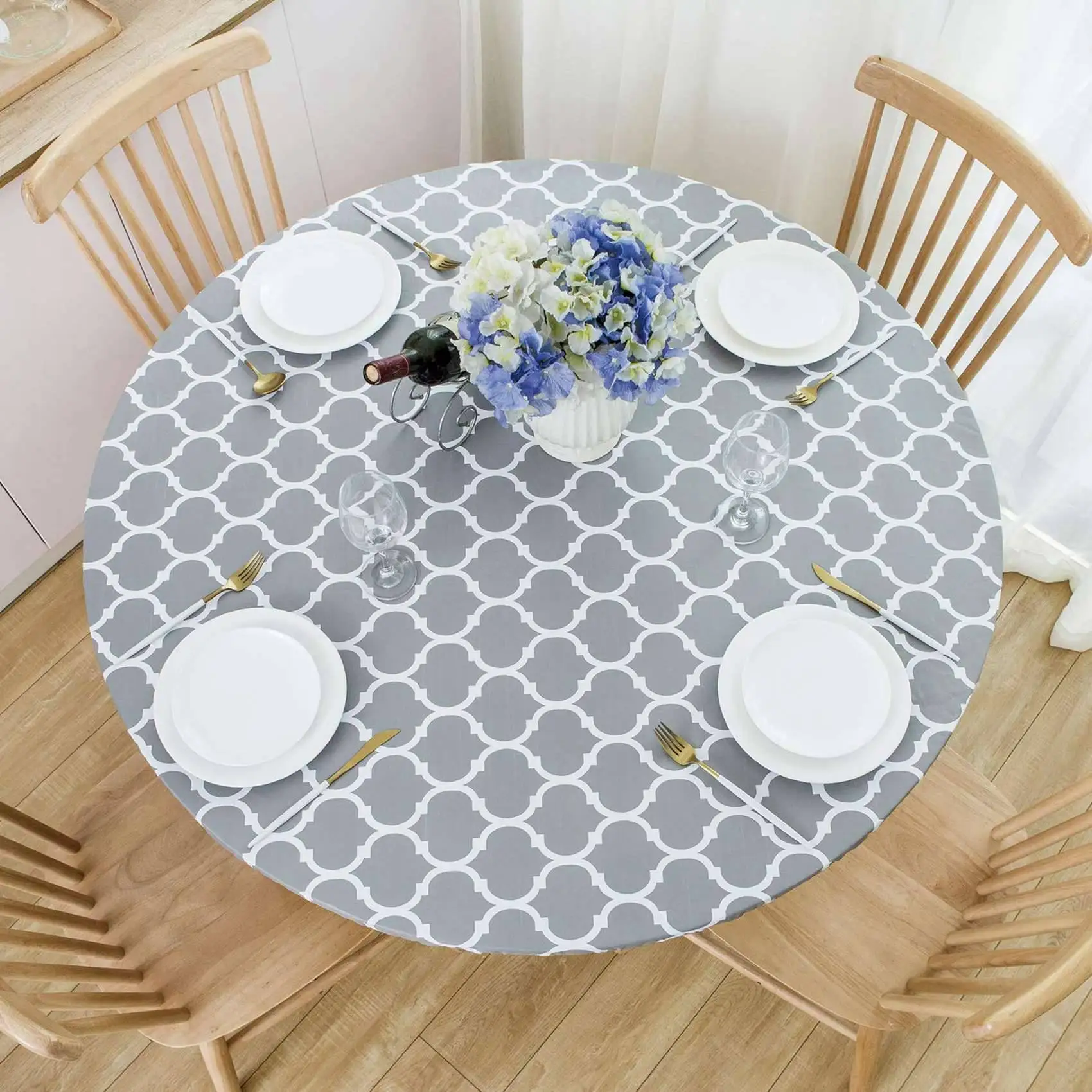 SEWS-2X Round Tablecloth With Elastic Edge Waterproof Oil Proof PVC Table Cloth Wipe Clean Table Cover For Indoor And Outdoor