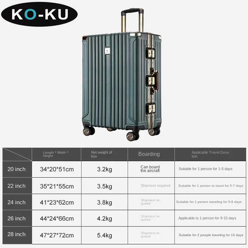 KO-KU Student Aluminium Frame Luggage Universal Wheel Trolley Case 20/22/24/26/28 Inch Universal Password Suitcase