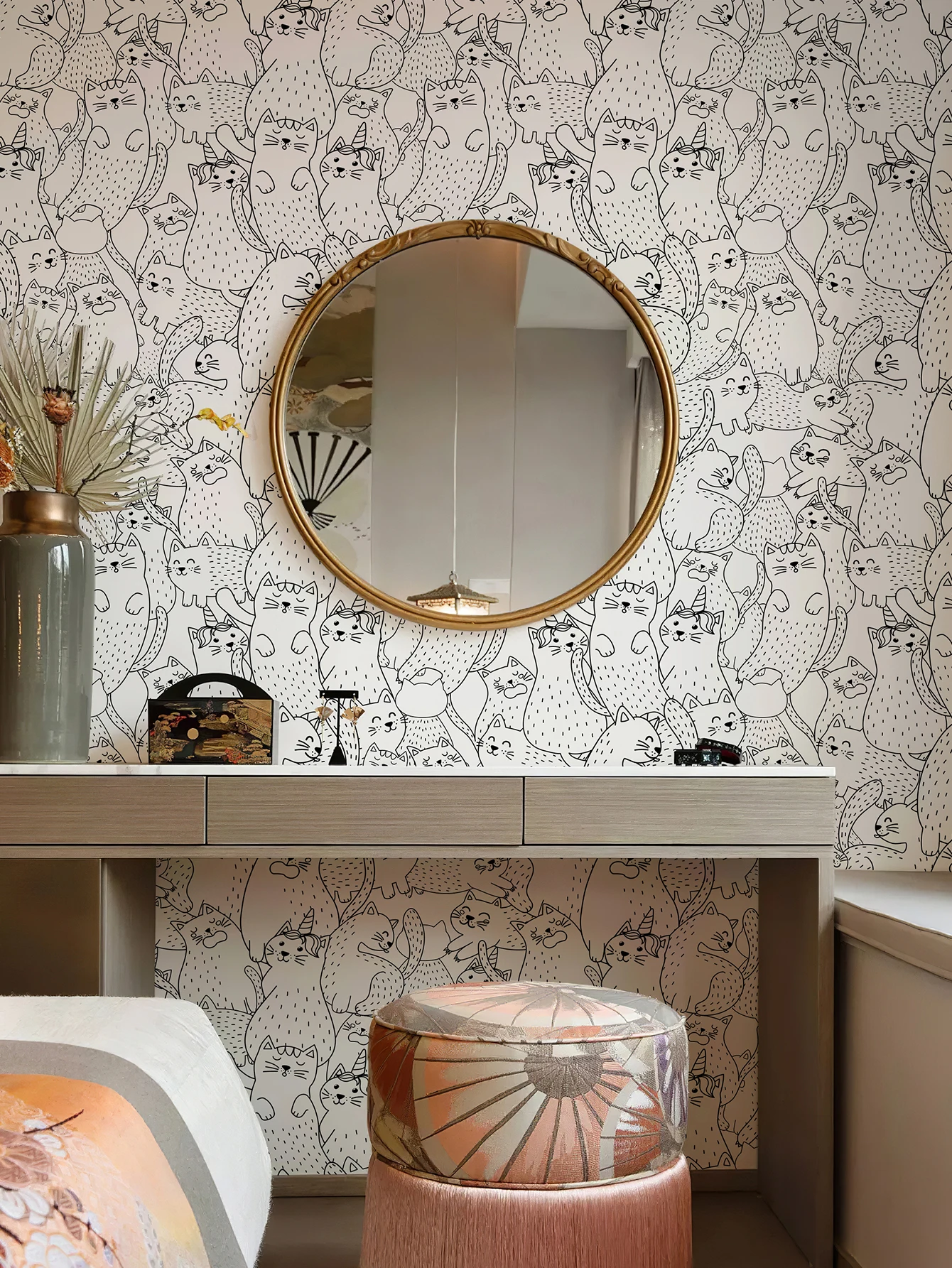 Cute Cat Sketch Line Vinyl Wallpaper Retro Peel And Stick Animal Wall Mural White Waterproof Kid Room Wall Decoration