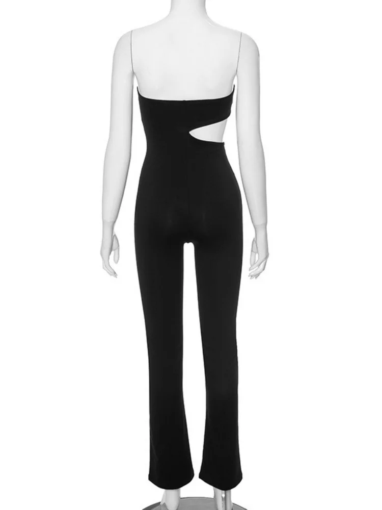 Combinaison noire évidée pour femme, haut tubulaire, pantalon long élégant, salopette de batterie, tenue de club, vêtements une pièce