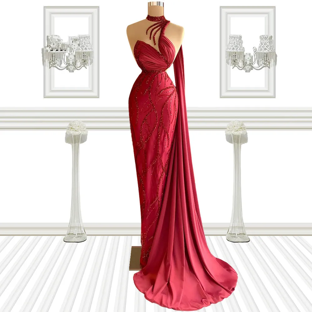 Luxury Prom Dresses Sheath Halter ลูกปัด Burgundy ดูไบซาอุดีอาระเบียชุดราตรีชุดราตรี Robe De Soiree Haute Couture