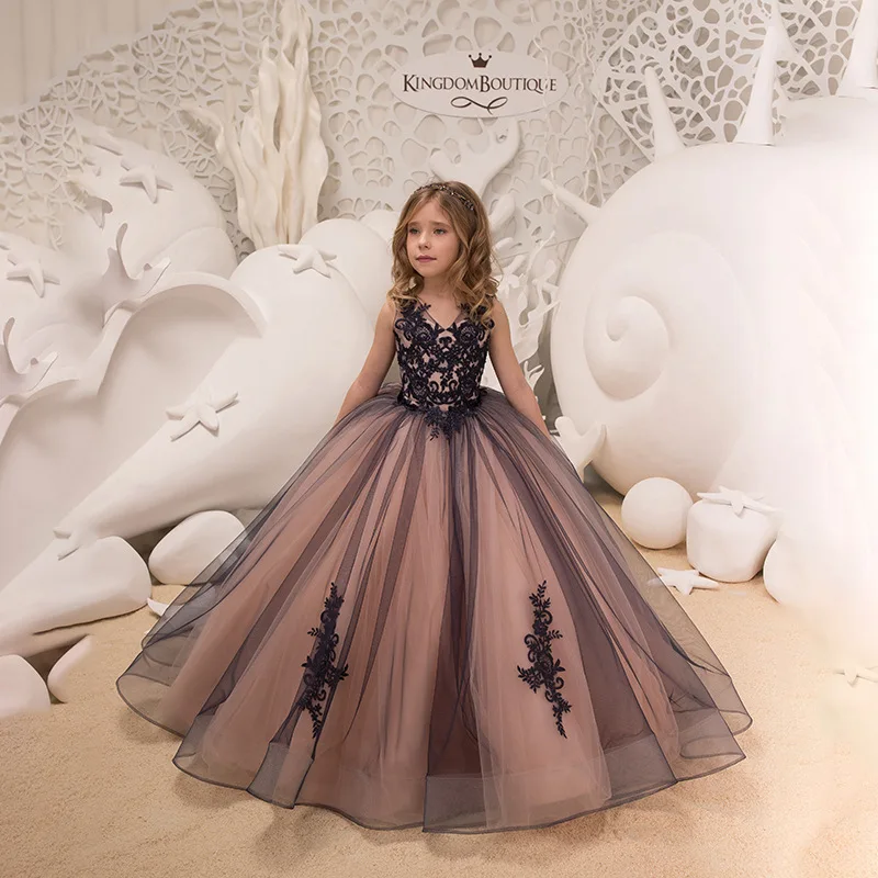 Lace Appliques Tulle Flower Girl Dress, First Christmas Dress, Wedding Party Gown for Girls فساتين اطفال سهرة ب