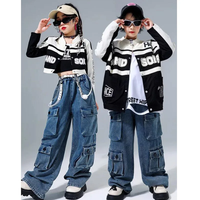 Boys Hip Hop Clothing Contrast Jacket Cargo Pants Girls Black Crop Coat Streetwear Street Dance Costumes Kids Jazz Clothes Sets