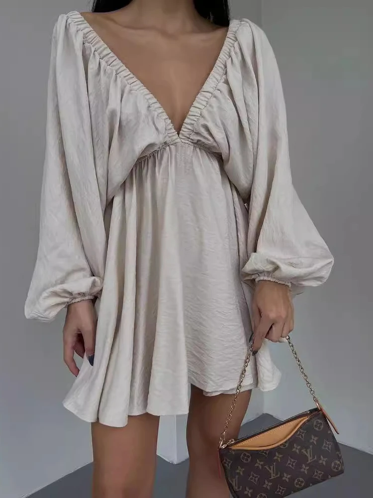 Summer Casual Elegant Dress Women New Temperament Fashion Simple Sexy V-Neck Bubble Long Sleeve Y2K Casual Swing Mini Dress 2024