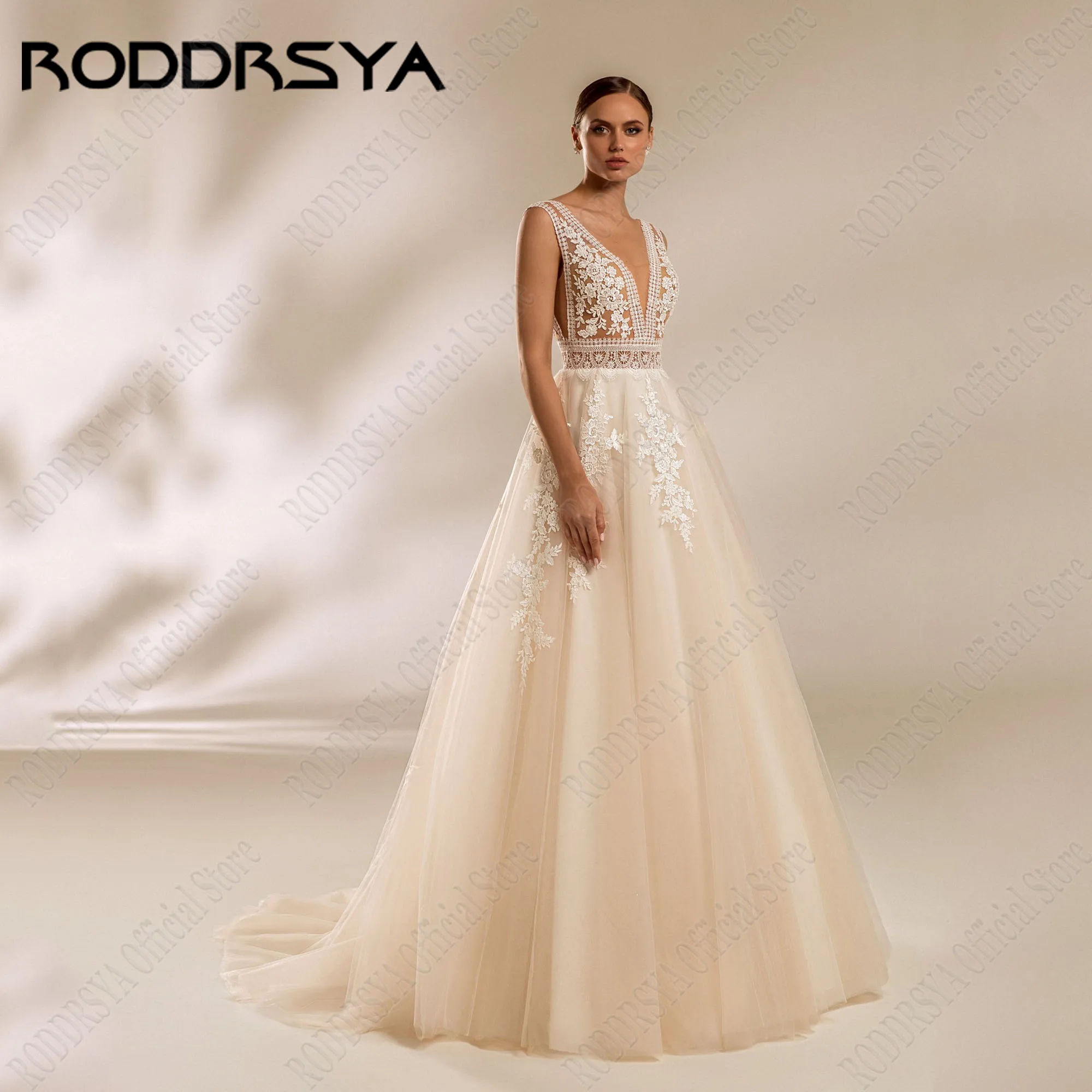 RODDRSYA Lace A-Line Wedding Dresses For Woman V-Neck Backless Applique Boho Custom Made Bride Gowns Plus Size Vestidos De Novia