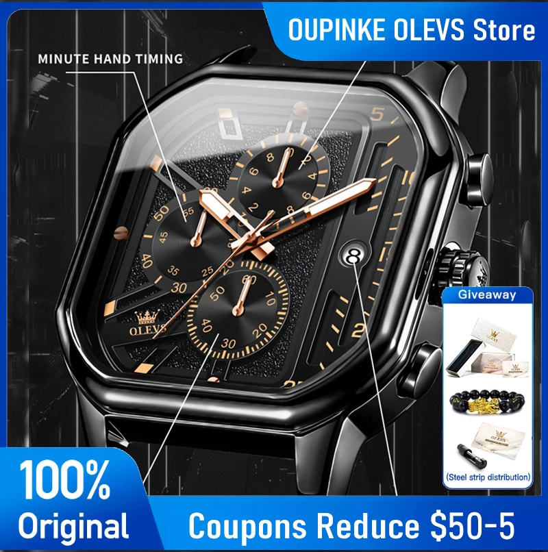 

OLEVS 9950 Mens Watch Fashion Original Leather Strap Chronograph Square Quartz Watch Waterproof Luminous Sports Watches For Men