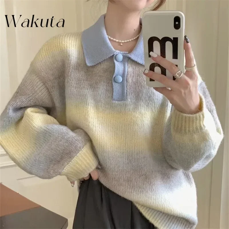 WAKUTA Korean Version of The Classic Polo Collar Long-sleeved Knit Coat Fashion Gradient Sweater Casual Lazy Wind Loose Pullover