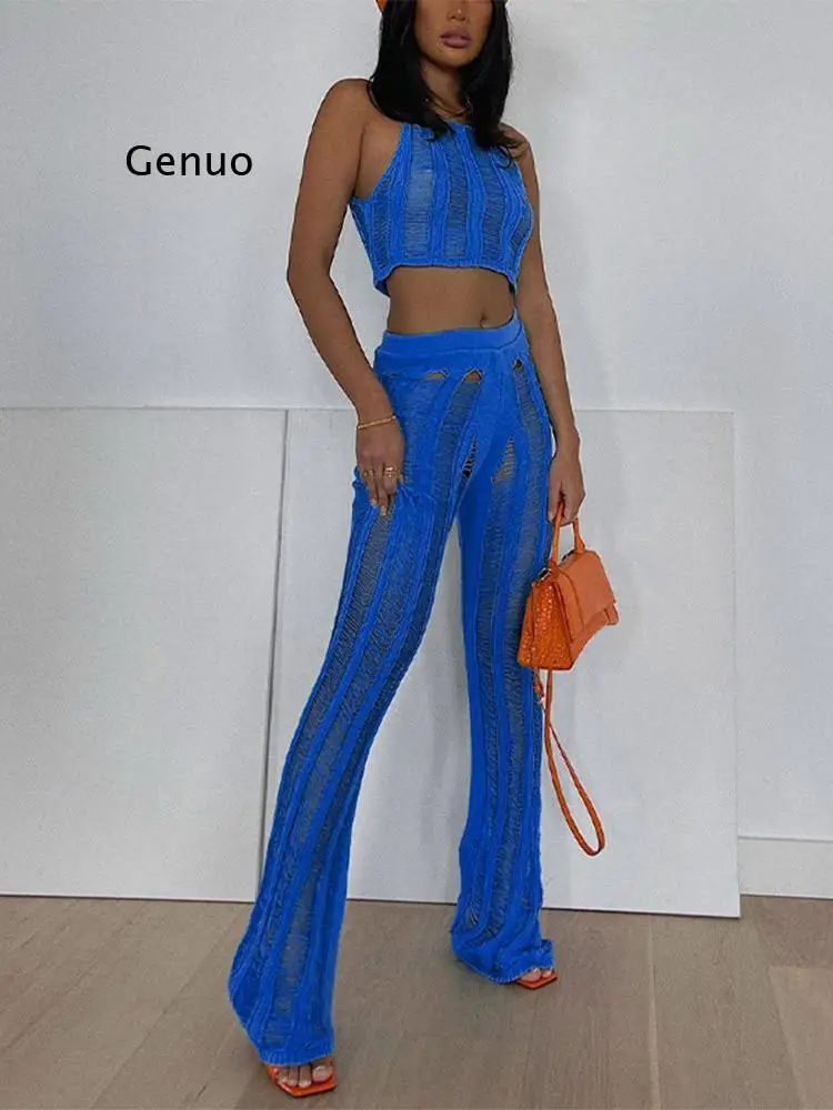 

Y2K Sexy Women Knitted Hollow Out Crop Vest Long Pants Suit 2022 Summer See Through Slim Trousers High Waist Pants Two Piece Set