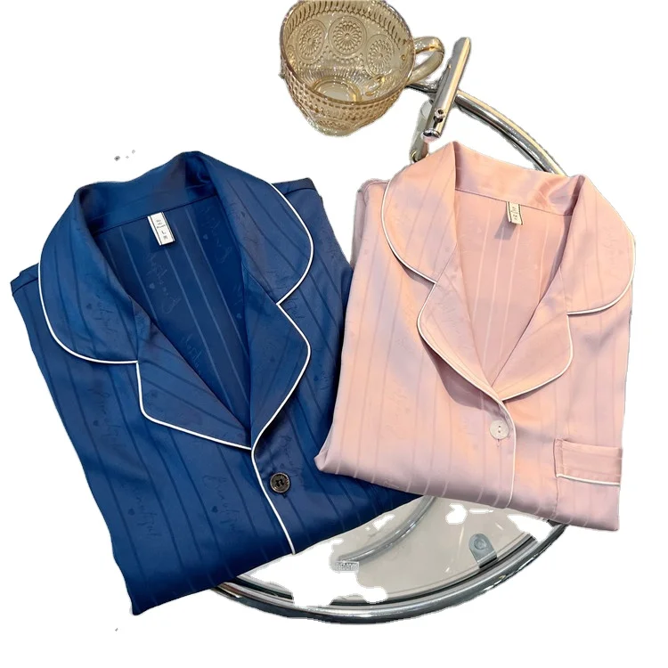 

New Ice Silk Spring Pajamas Men's Stripe Print Pajamas Women's Pajamas Valentine's Day Gift