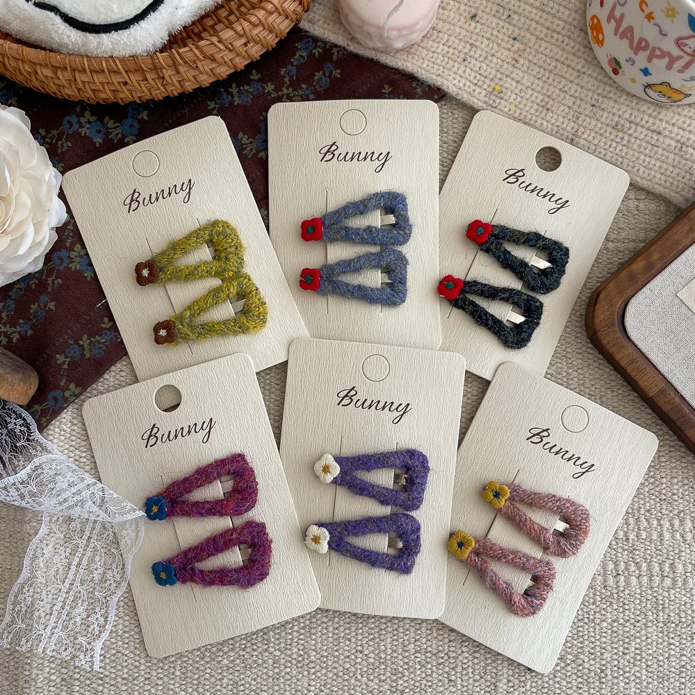 2pcs Wool Flower Triangle BB Clip Kids Hairpin Bangs Side Clip Girl Sweet Hair Clip Hairpin Children's Hair Accessories Headwear