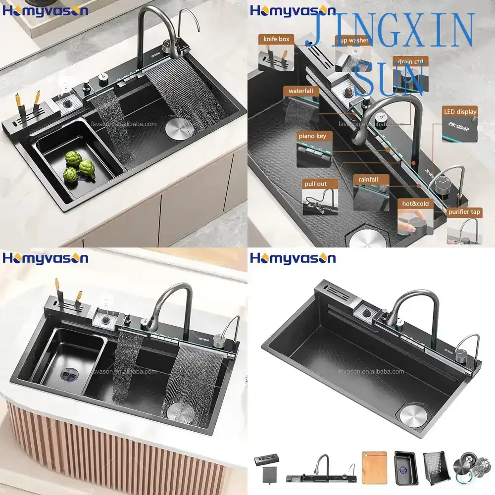 Big Size 304 Stainless Steel Kitchen Sink Set for Smart Waterfall Kitchen Sink Unit Luxury High Tech Multi Function Sink for