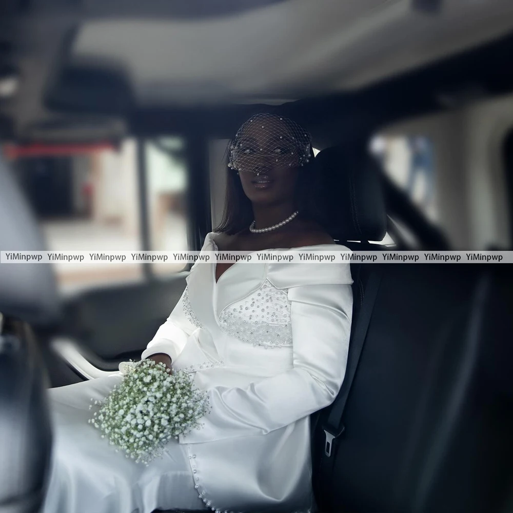 Perlen Brautkleider Volle Ärmel Satin Braut Kleider Für Afrikanische Frauen Sexy V-ausschnitt Perlen Hochzeit Party Kleid 2025, Angepasst
