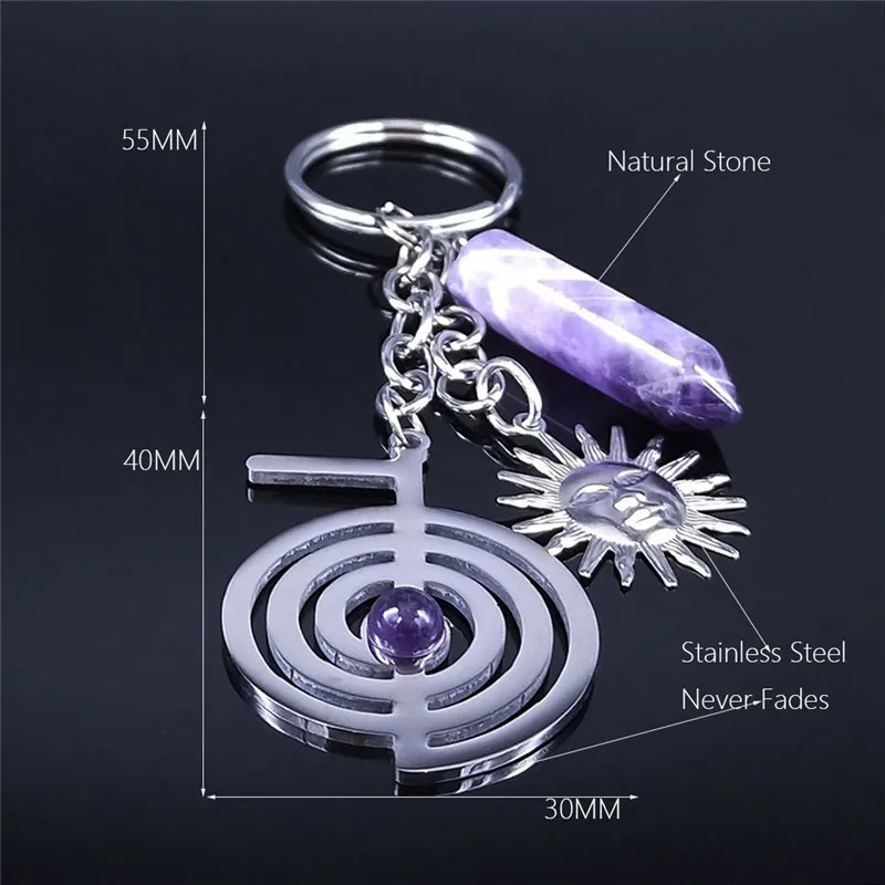 Yoga Reiki Cho Ku Rei Life Spiral Purple Crystal Quartz Stainless Steel Keyring Women Sacred Geometry Jewelry porte clef N4242